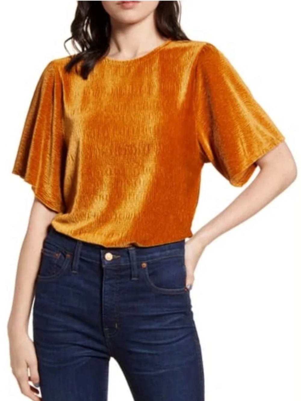 Madewell Texture & Thread Crinkle Velvet Flutter Sleeve Top